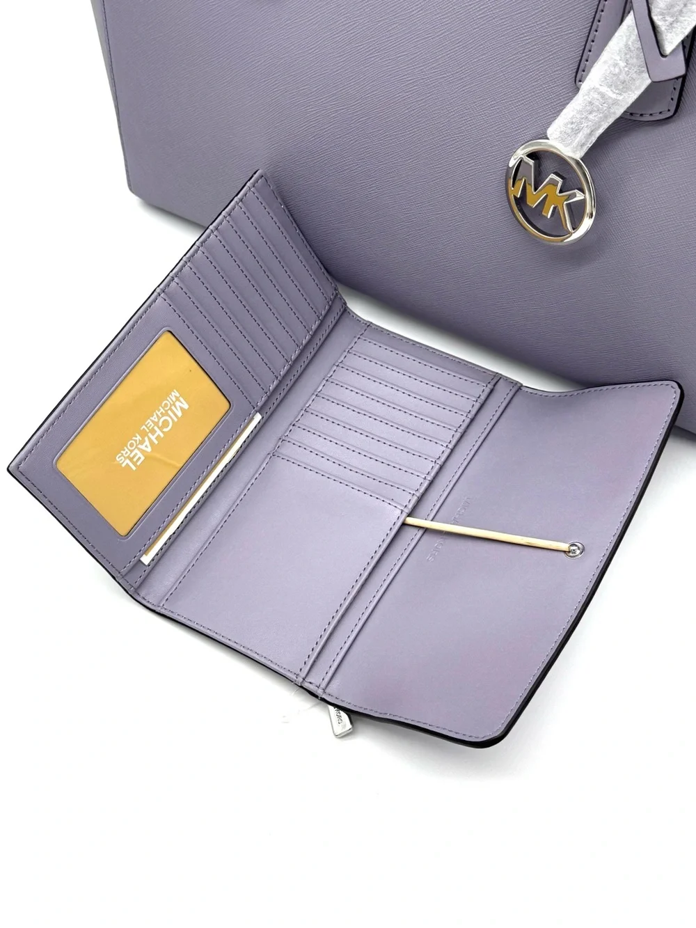 Michael Kors Voyager Large Leather Tote Bag w Matching Trifold Wallet - Lilac